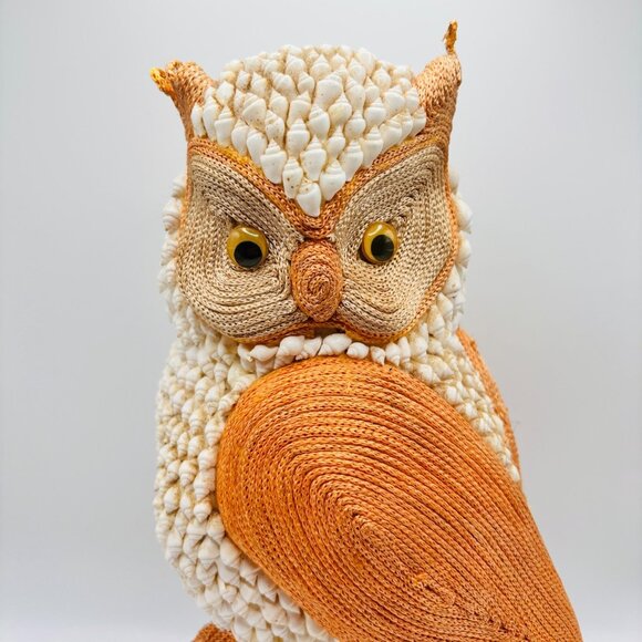 Vintage Owl Figurine Handmade Seashell & Twine Folk Art Coastal Decor 12" - Picture 2 of 6